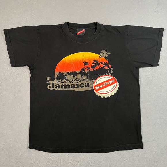 Red Stripe Jamaica Beer T Shirt Men Size L Black Bottle Cap Graphic Reggae Rasta - Picture 1 of 7